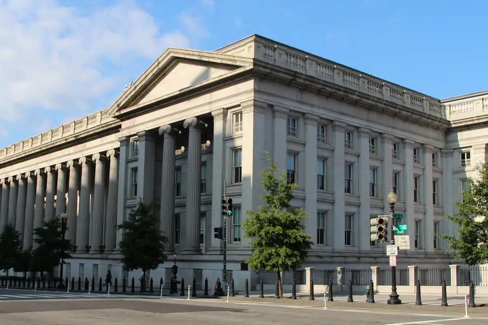 The United States Treasury Building colonnade in Washington